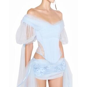 LSOUL Alix Off-Shoulder Corset Top Light Blue Tulle Lace Boned Size L